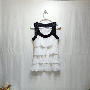 Maurices White Layered Ruffle Tank Top Black Contrast Trim Small Polyester EUC